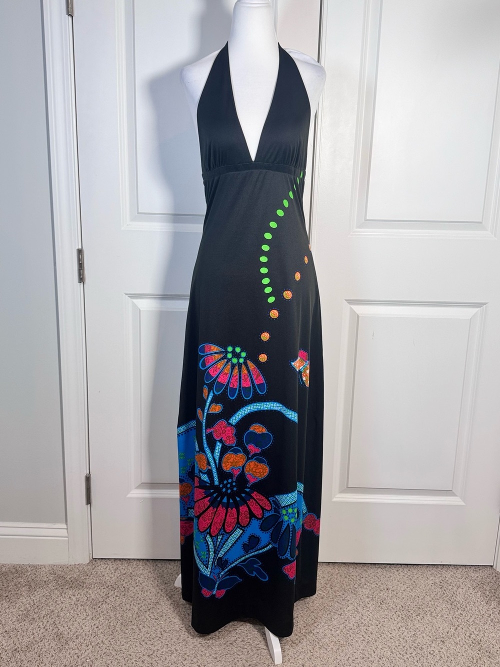 Black Psychedelic Floral Halter Maxi Dress 44 Butterfly Boho Retro Y2K Backless